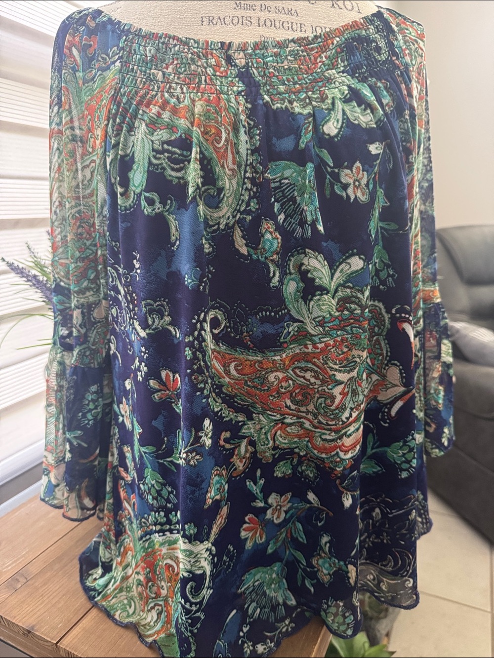 Off-Shoulder Navy Paisley Print Women's Top
